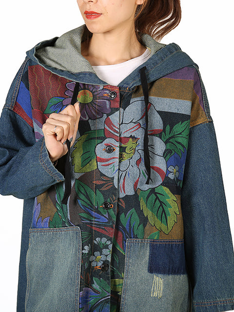 Manteau à capuche épissé Deim avec patch de fleurs vintage pour femmes