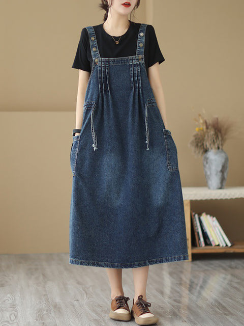 Robe en jean rétro plissée avec poches et cordon de serrage pour femmes, été