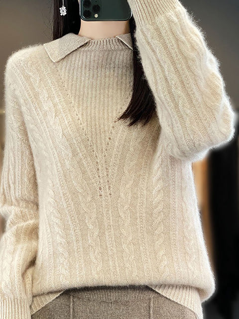 Women Autumn Soft Solid Knit 100%Wool Turn-down Collar Sweater