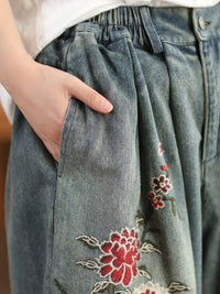 Thumbnail for Women Spring Vintage Flower Embroidery Denim Pants