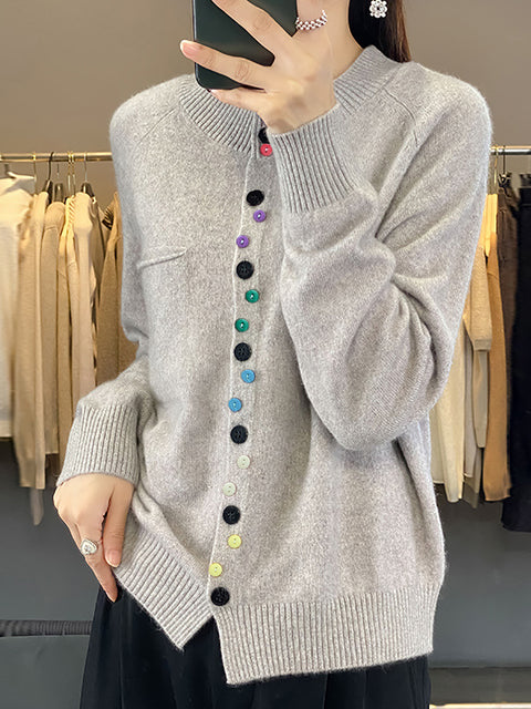 Women Autumn Wool O-Neck Pure Color Knit Sweater