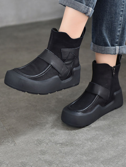 Bottes à plateforme épissées en cuir véritable à la mode pour femmes