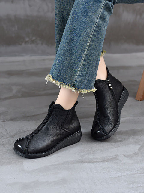 Women Vintage Genuine Leather Spliced Low Heel Boots