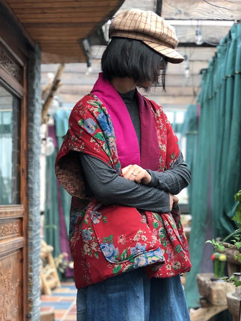 Manteau gilet à col en v épissé à fleurs vintage pour femmes