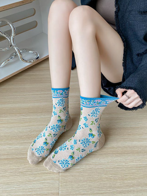 5 paires de chaussettes en coton jacquard floral vintage pour femmes