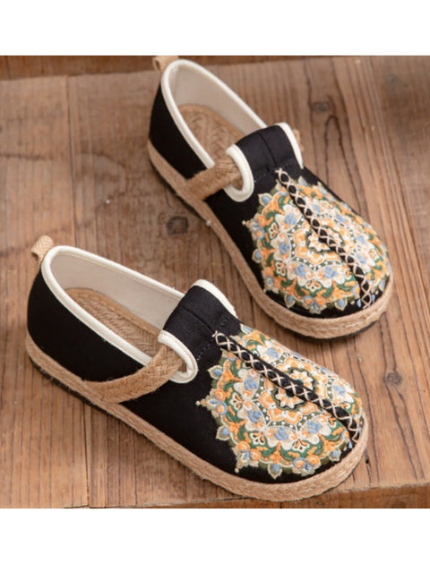 Chaussures plates en lin avec broderies de fleurs ethniques pour femmes