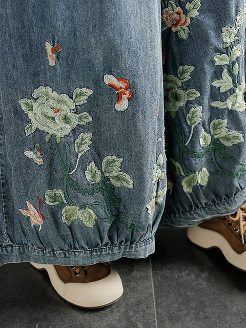 Pantalon large en denim brodé de fleurs pour femmes, printemps