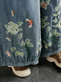 Thumbnail for Pantalon large en denim brodé de fleurs pour femmes, printemps