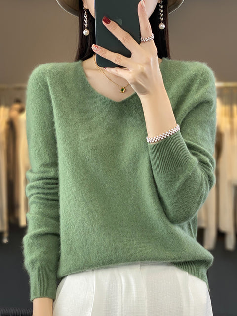 Pull en tricot à col en V de couleur unie pour femme