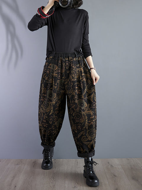 Pantalon sarouel rétro à fleurs pour femme, doublé en polaire, hiver