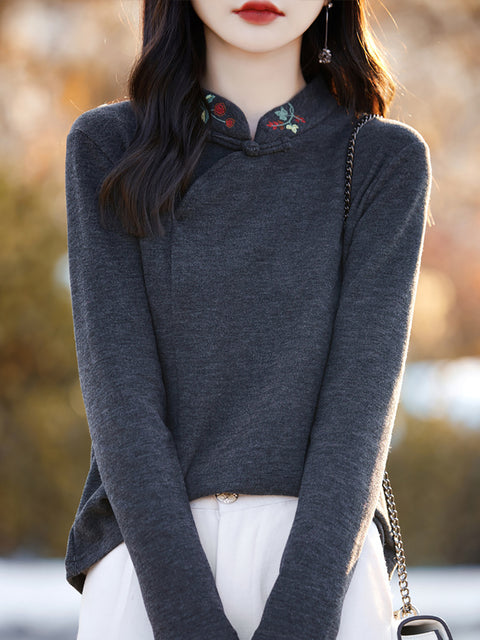 Chemisier en tricot brodé à col montant pour femme