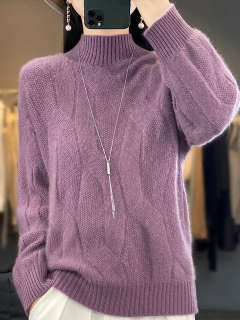 Women Autumn Solid Knit 100%Wool Turtleneck Sweater