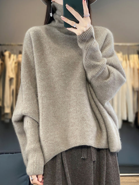 Pull en laine à col roulé et manches chauve-souris pour femme, hiver