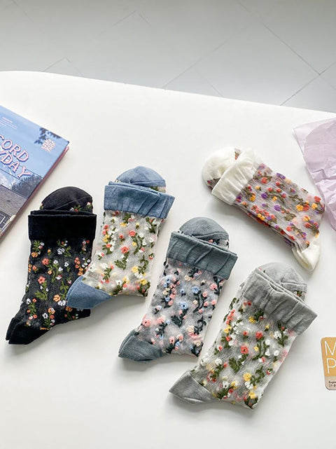 Lot de 5 paires de chaussettes fines en jacquard fleuri pour femme