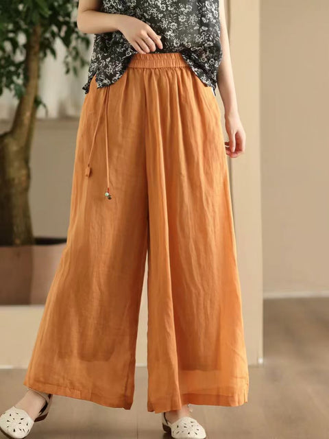 Pantalon d'été en ramie à jambe large et double épaisseur pour femme