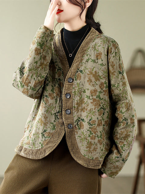 Women Retro Floral Spliced V-Neck Padded Jacket