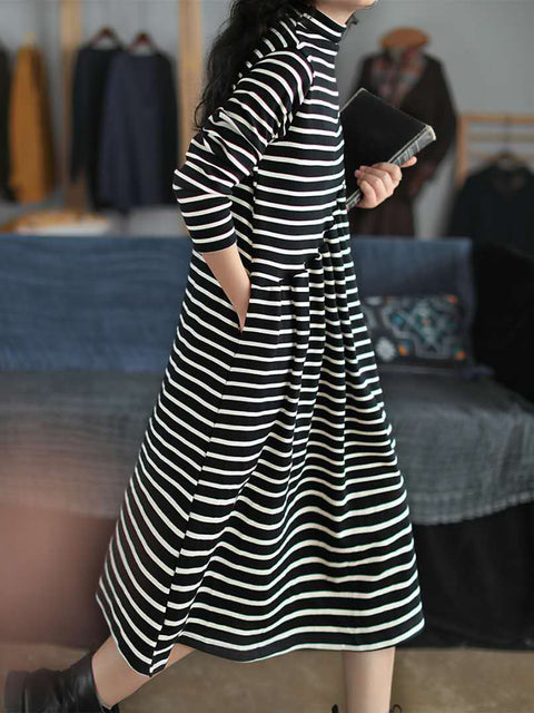 Plus Size Women Autumn Stripe Turtleneck Cotton Dress