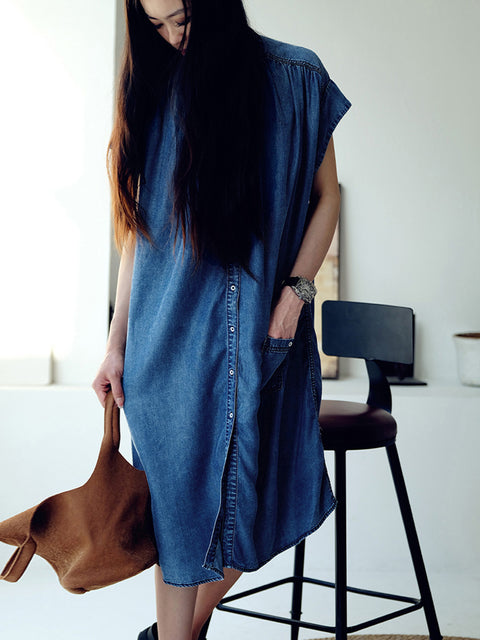 Robe d'été décontractée en jean bleu uni pour femmes de grande taille