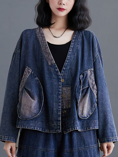 Manteau en denim à grande poche épissé de printemps rétro pour femmes