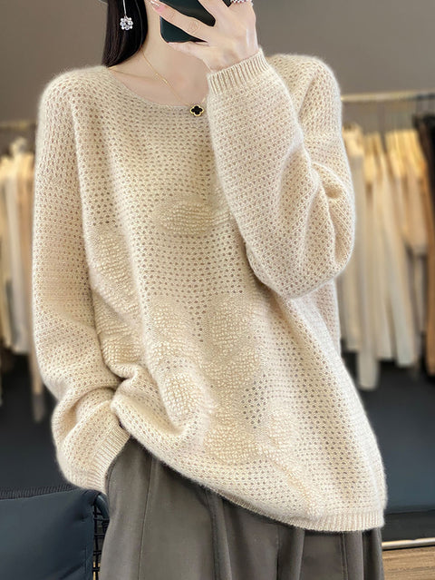 Women Autumn O-Neck Spliced Wool Warm Knit Sweater