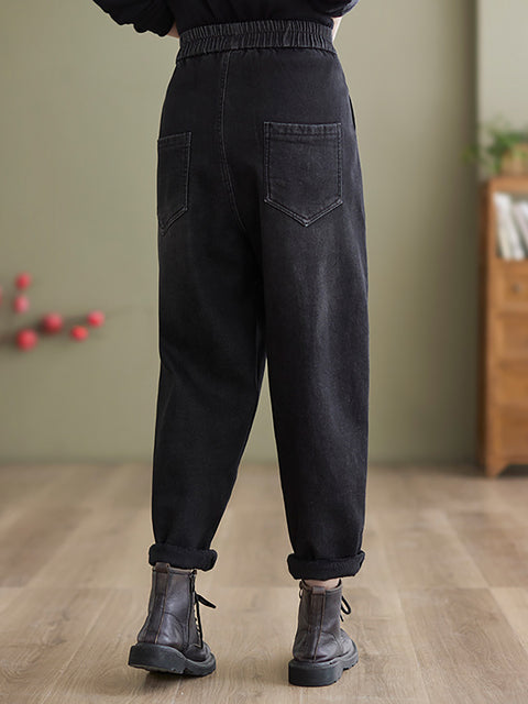 Pantalon sarouel en denim décontracté doublé polaire pour femme