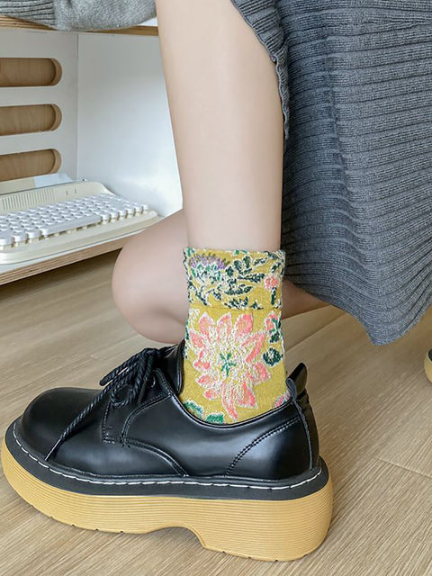 5 paires de chaussettes mi-mollet en jacquard à fleurs vintage pour femmes