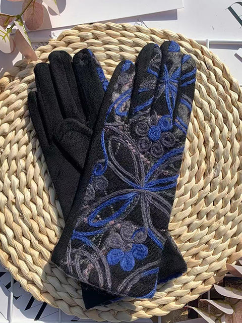 Gants de cyclisme chauds avec broderie de fleurs ethniques pour femmes