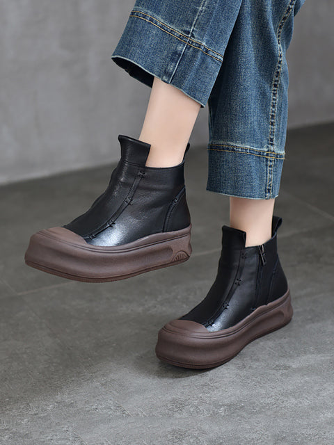 Women Winter Genuine Leather Spliced Mid-heel Boots