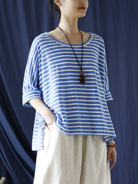 Thumbnail for Women Summer Casual Stripe Loose O-Neck Shirt