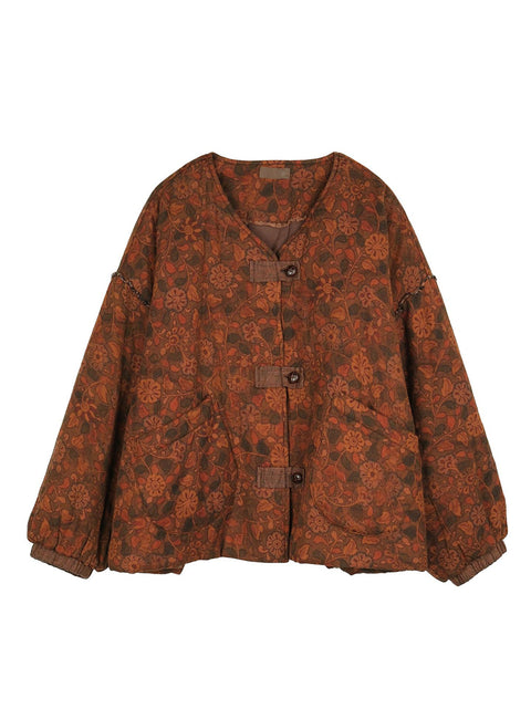 Women Ethnic Floral Winter V-neck Cotton Padded Jacket