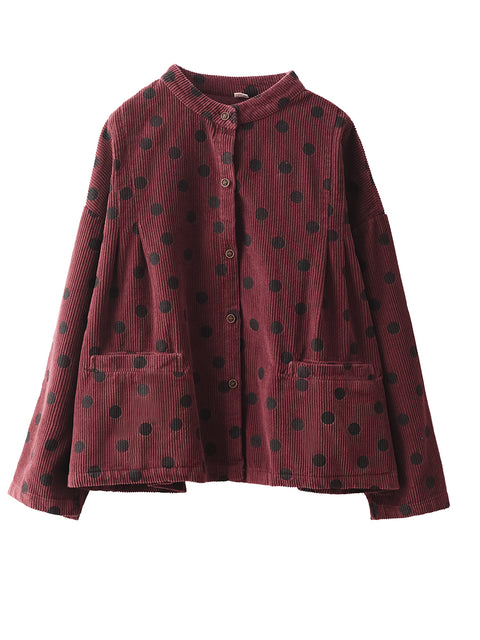 Plus Size Retro Dot Croduroy Stand Collar Shirt Coat