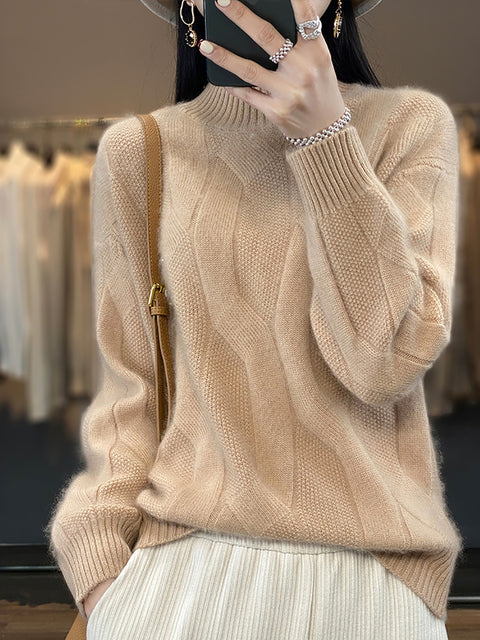 Women Autumn Solid Knit 100%Wool Turtleneck Sweater