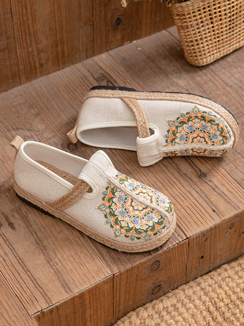 Chaussures plates en lin avec broderies de fleurs ethniques pour femmes