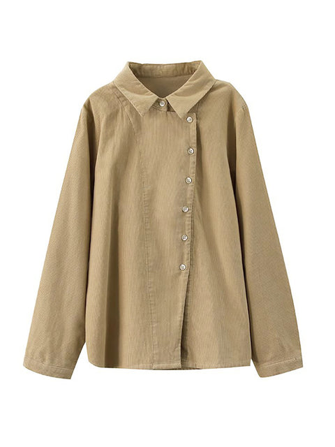 Plus Size Women Autumn Solid Croduroy Cardigan Shirt