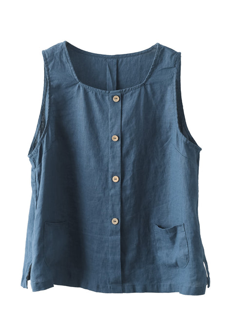 Plus Size Women Summer Solid Loose Button Pocket 100%Linen Vest