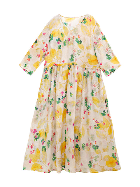 Grande taille femmes été Prairie Chic robe florale col en v Ramie