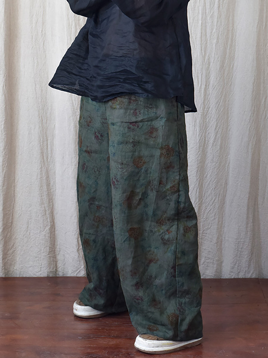 Women Vintage Floral Spring Wide-leg Pants