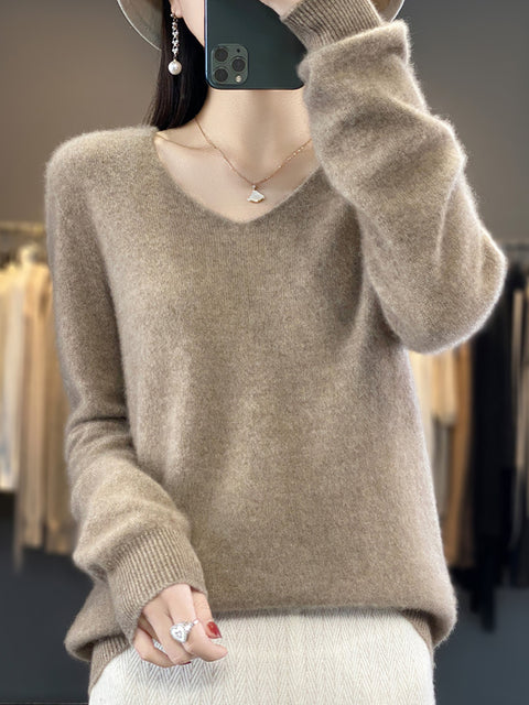 Pull en tricot à col en V de couleur unie pour femme