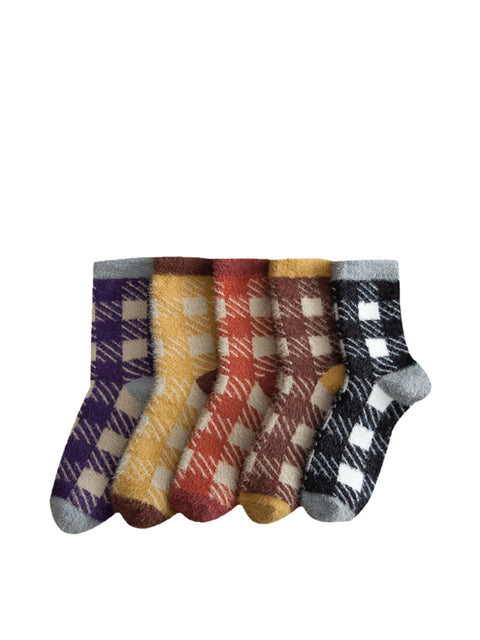 Lot de 5 paires de chaussettes d'hiver en peluche à carreaux pour femmes