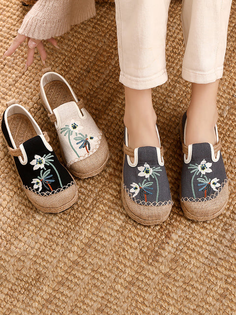 Women Ethnic Flower Embroidery Cotton Linen Shoes