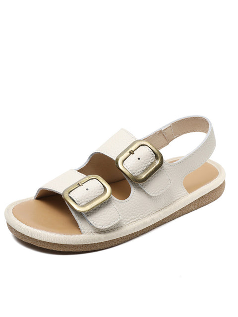 Women Summer Casual Leather Flat Button Sandals