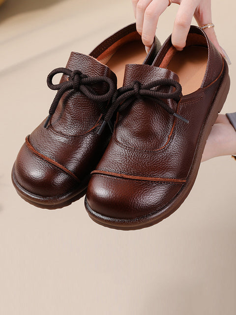 Women Vintage Leather Drawstring Flat Shoes