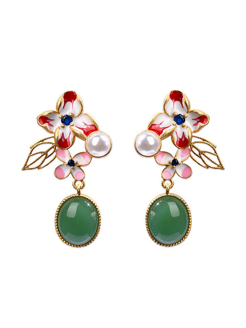 Boucles d'oreilles en forme de fleur pour femmes, en émail vert, Jade, plaque dorée