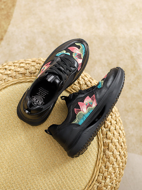 Women Fashion Lotus Embroidery Genuine Leather Sport Shoes