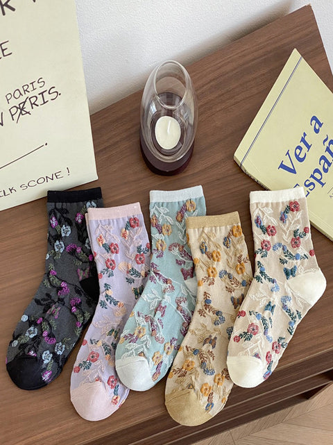 Lot de 5 paires de chaussettes en jacquard à imprimé floral et blocs de couleurs pour femme