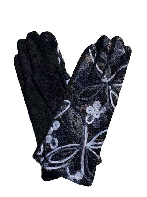 Gants de cyclisme chauds avec broderie de fleurs ethniques pour femmes