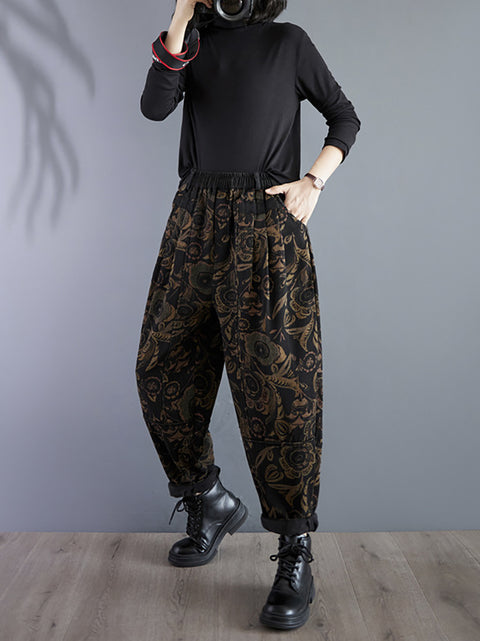 Pantalon sarouel rétro à fleurs pour femme, doublé en polaire, hiver