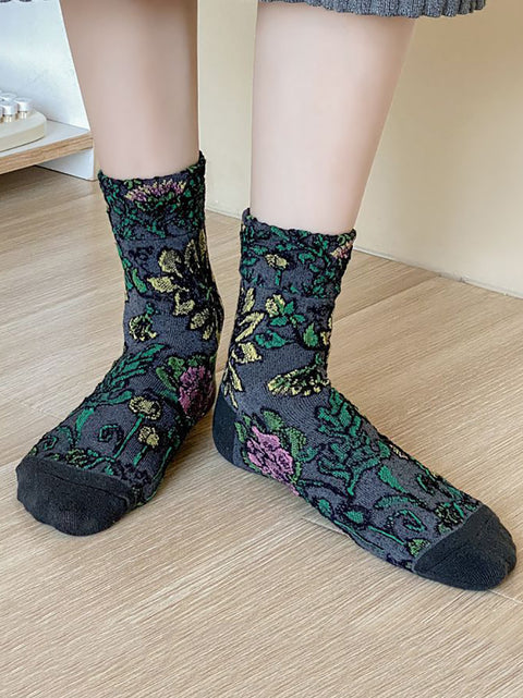 5 paires de chaussettes mi-mollet en jacquard à fleurs vintage pour femmes