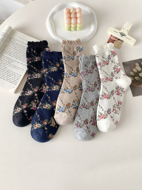 Lot de 5 paires de chaussettes en coton jacquard floral pour femme