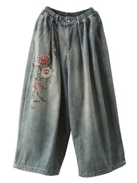 Thumbnail for Women Spring Vintage Flower Embroidery Denim Pants